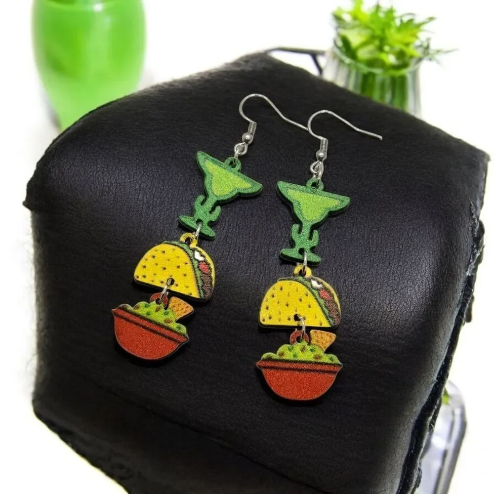Taco Margarita Guac Earrings Cinco de Mayo Mexican Fiesta Taco Tuesday Wood New